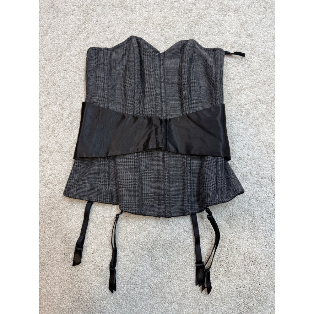 Fredricks‎ Grey Plaid Corset Top Black Satin Sash Garter Straps Lace Up Back Vtg
